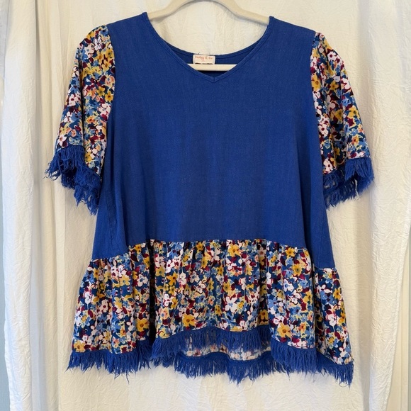 Hailey & Co Sz SM Blue Floral Linen Rayon Peplum Top Oversized Fit Boho Artsy - Picture 1 of 11